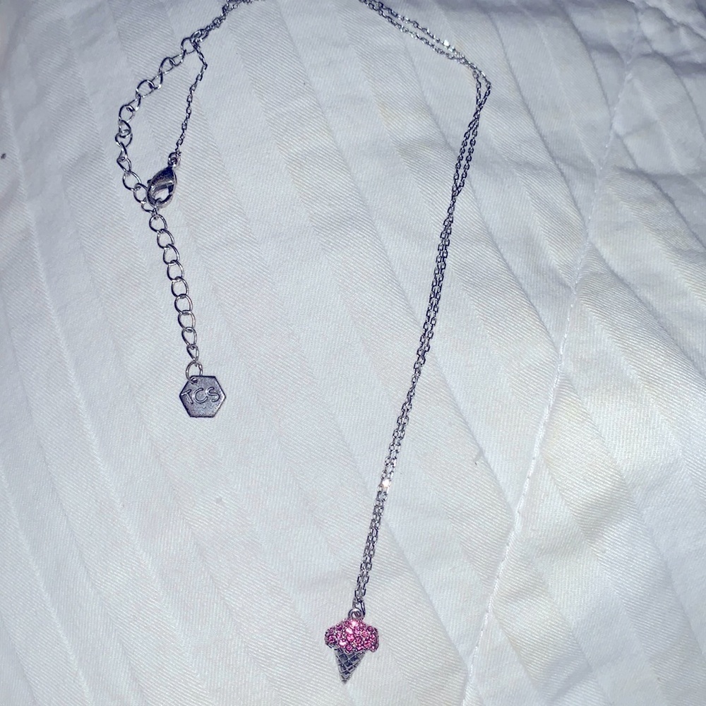 Silver tone pink rhinestone ice cream🍦necklace 14 3/4” + 3”extender= 17 3/4”